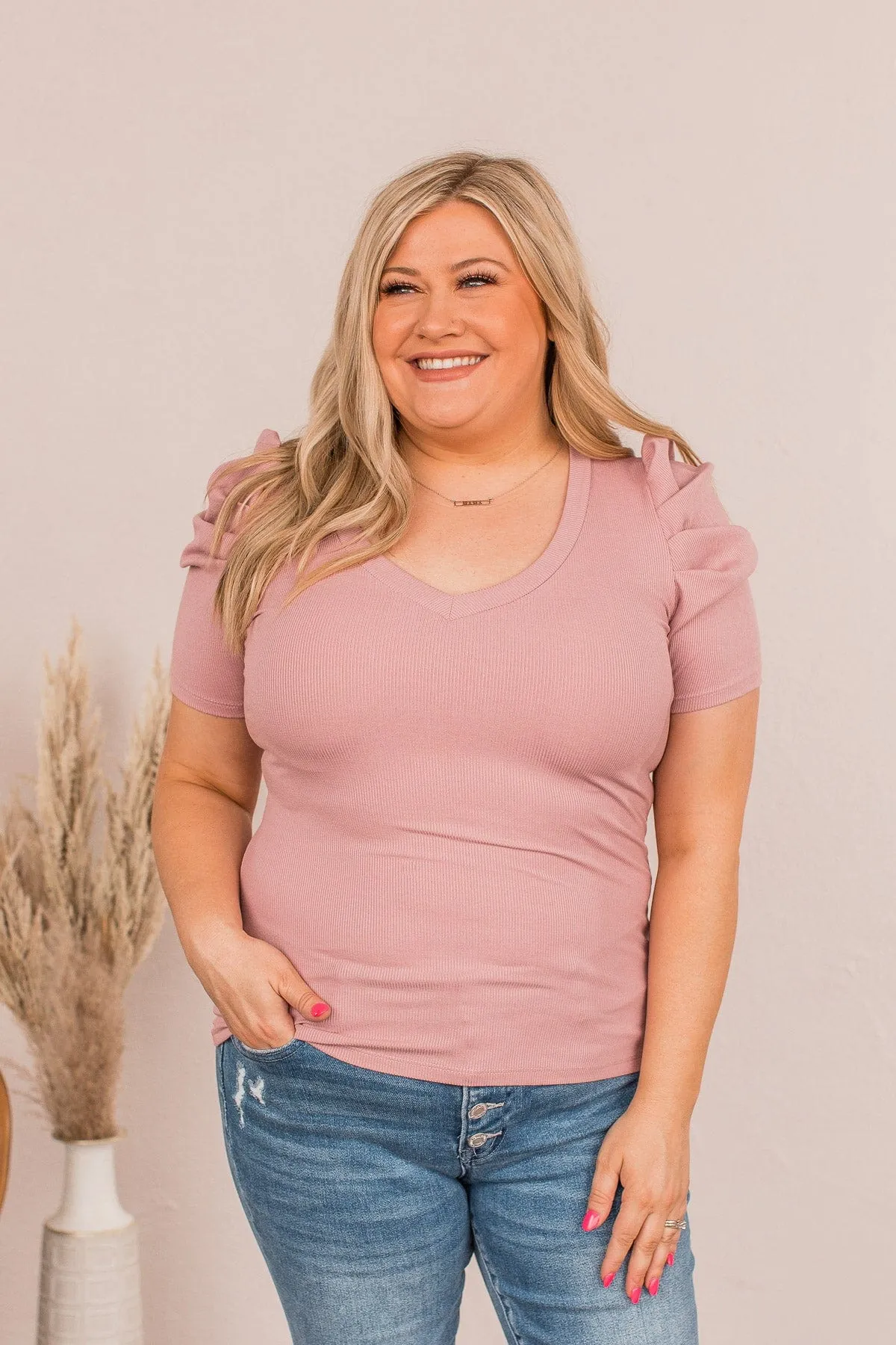 Lay It On Me Ribbed V-Neck Top- Dusty Rose