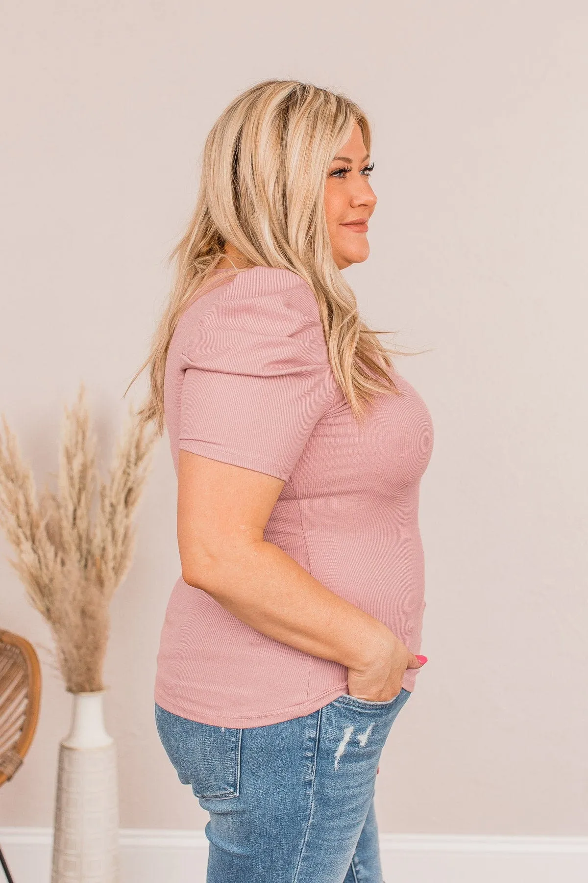 Lay It On Me Ribbed V-Neck Top- Dusty Rose