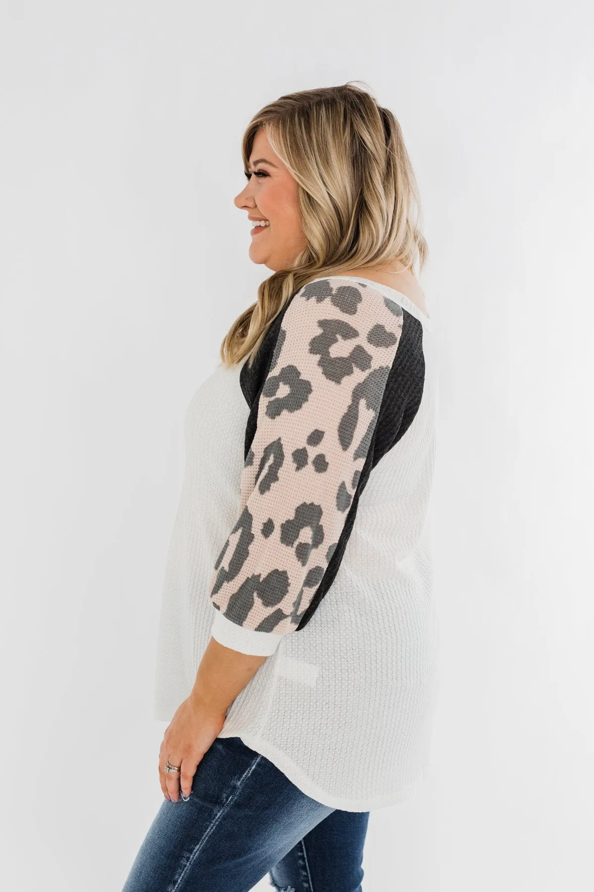 Leopard Sleeve Waffle Notch Top- Ivory, Charcoal, Blush