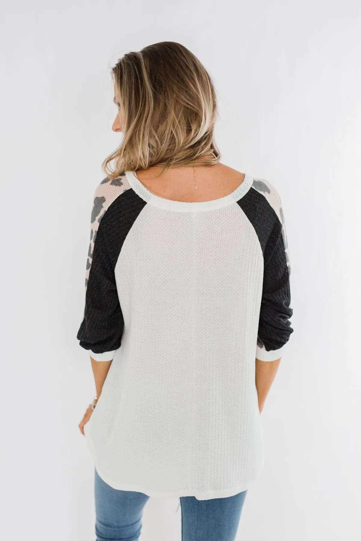 Leopard Sleeve Waffle Notch Top- Ivory, Charcoal, Blush