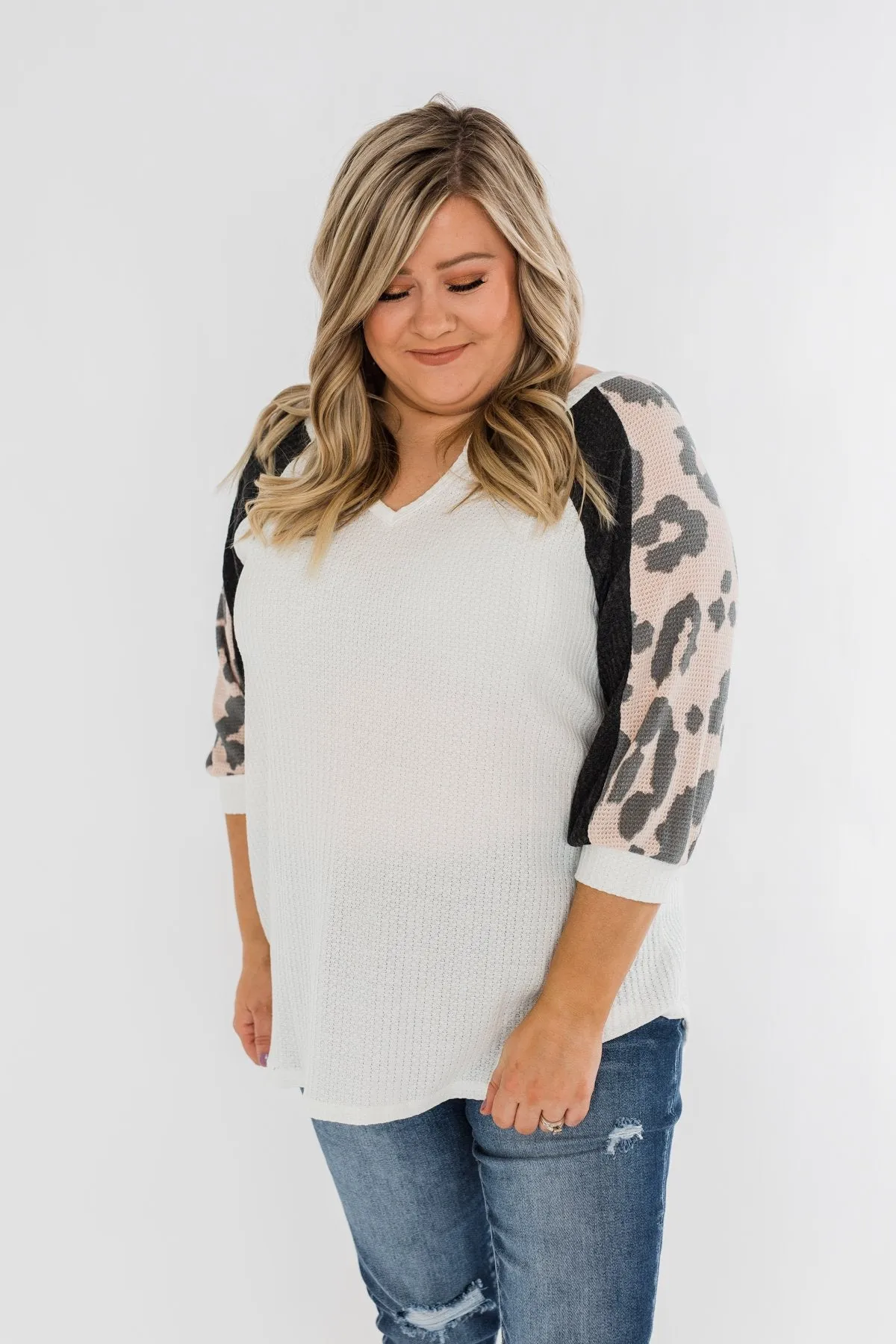 Leopard Sleeve Waffle Notch Top- Ivory, Charcoal, Blush