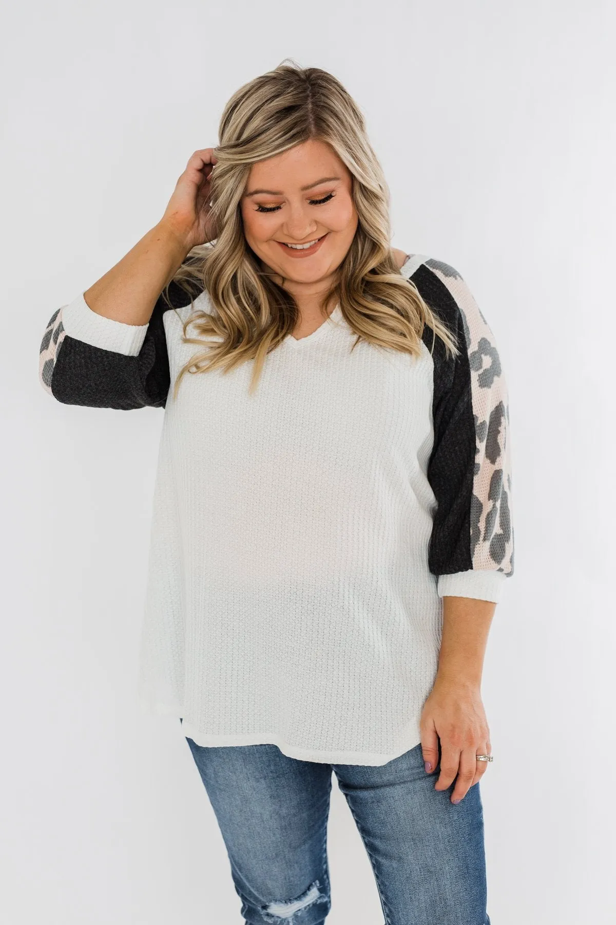 Leopard Sleeve Waffle Notch Top- Ivory, Charcoal, Blush