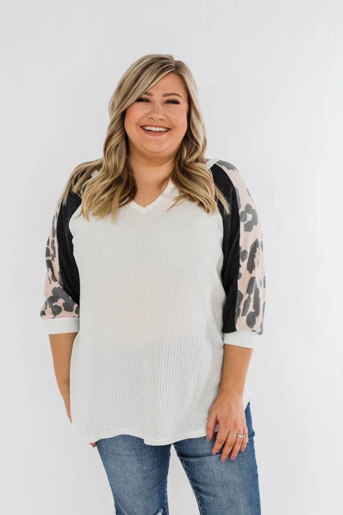 Leopard Sleeve Waffle Notch Top- Ivory, Charcoal, Blush