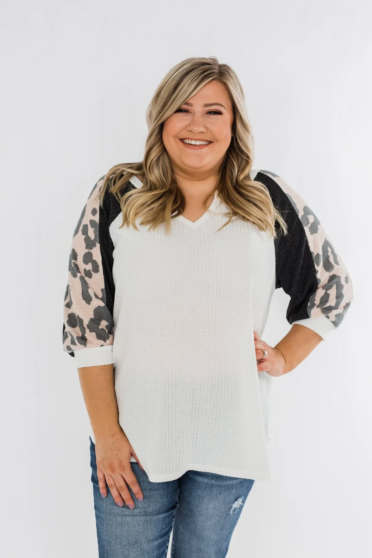 Leopard Sleeve Waffle Notch Top- Ivory, Charcoal, Blush