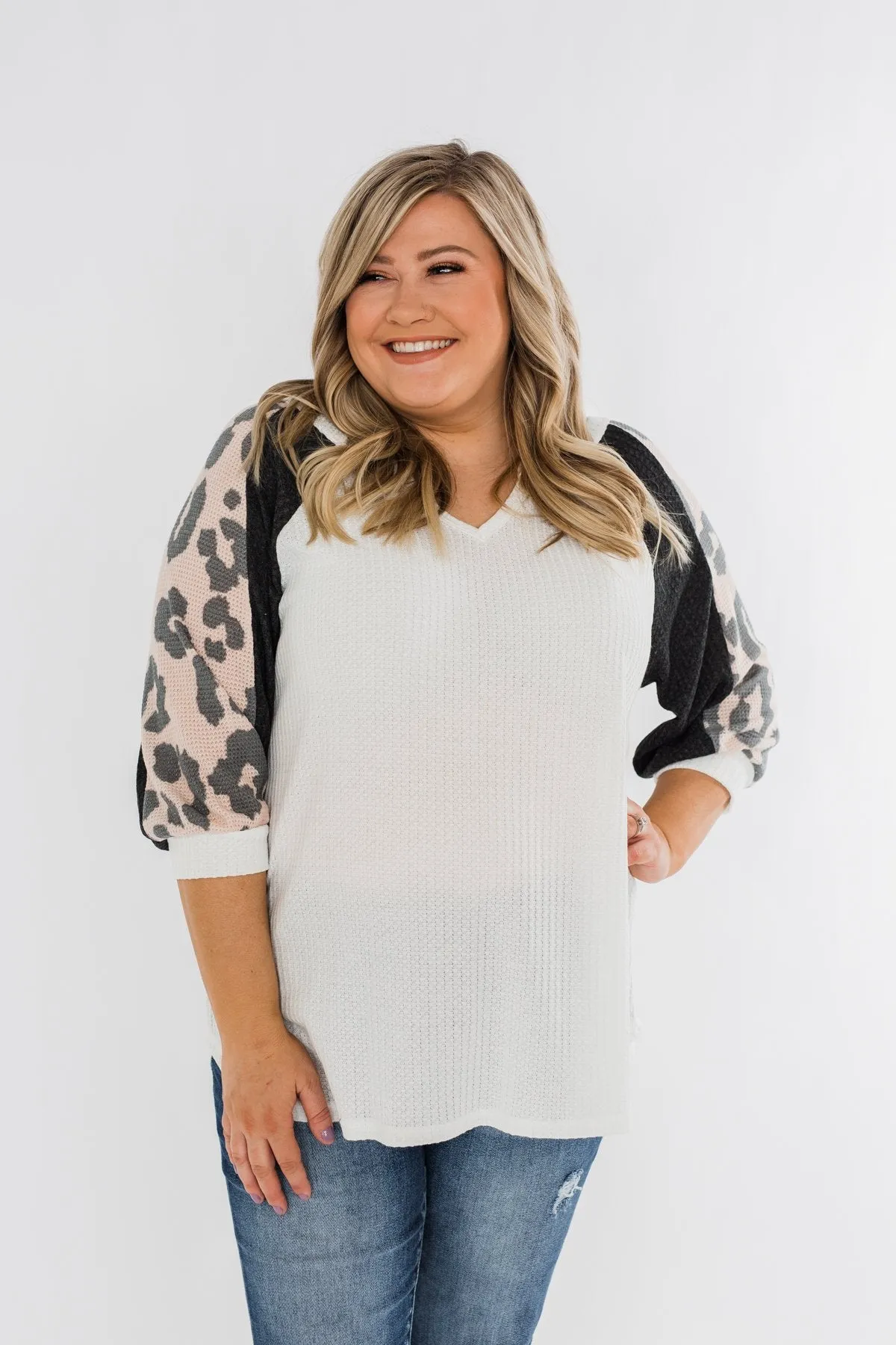 Leopard Sleeve Waffle Notch Top- Ivory, Charcoal, Blush