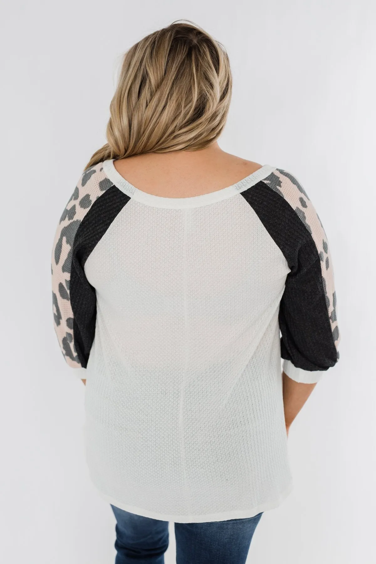 Leopard Sleeve Waffle Notch Top- Ivory, Charcoal, Blush