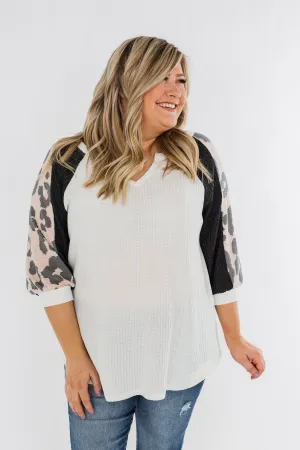 Leopard Sleeve Waffle Notch Top- Ivory, Charcoal, Blush