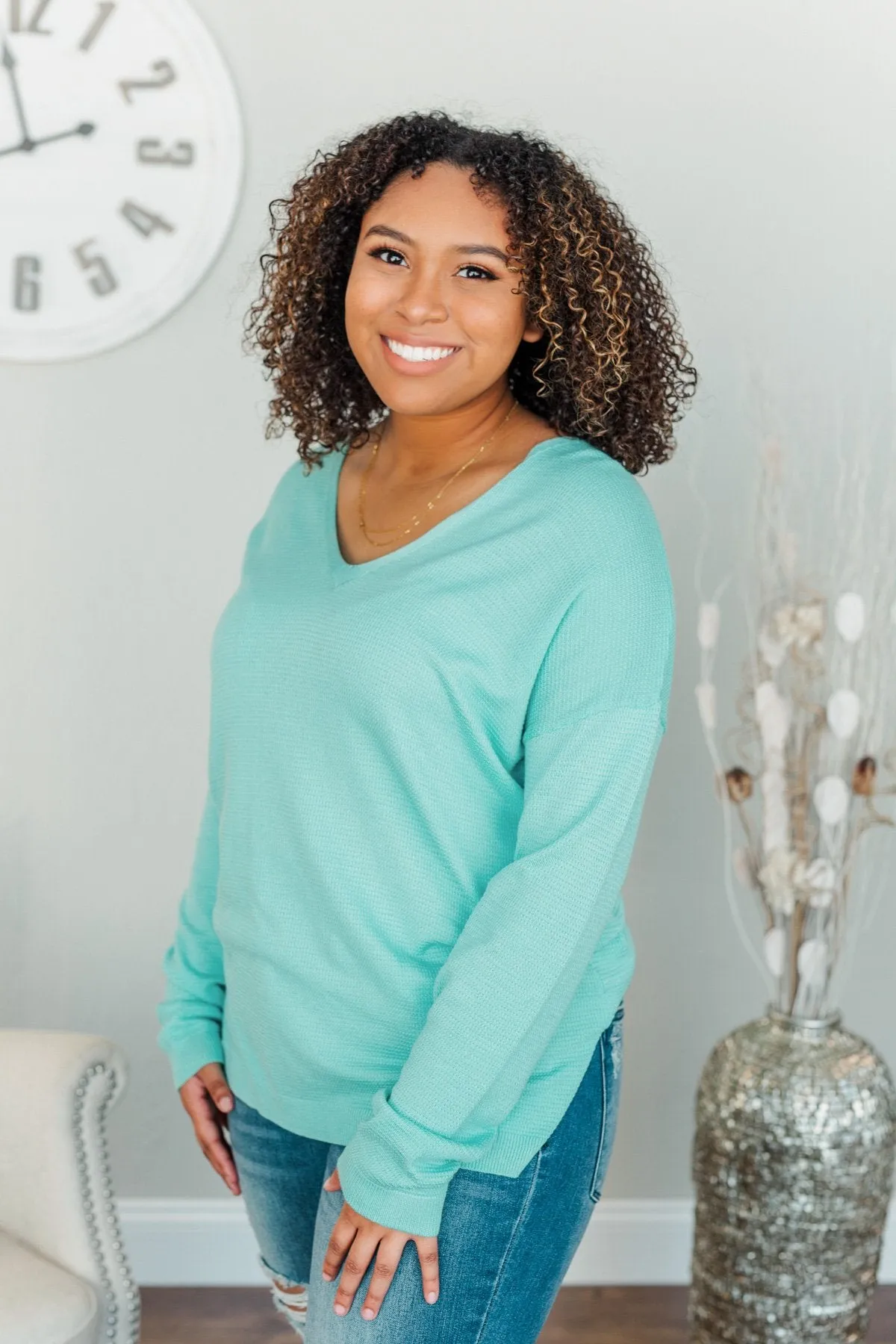 Life In Full Bloom V-Neck Knit Top- Aqua Blue
