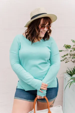 Life In Full Bloom V-Neck Knit Top- Aqua Blue