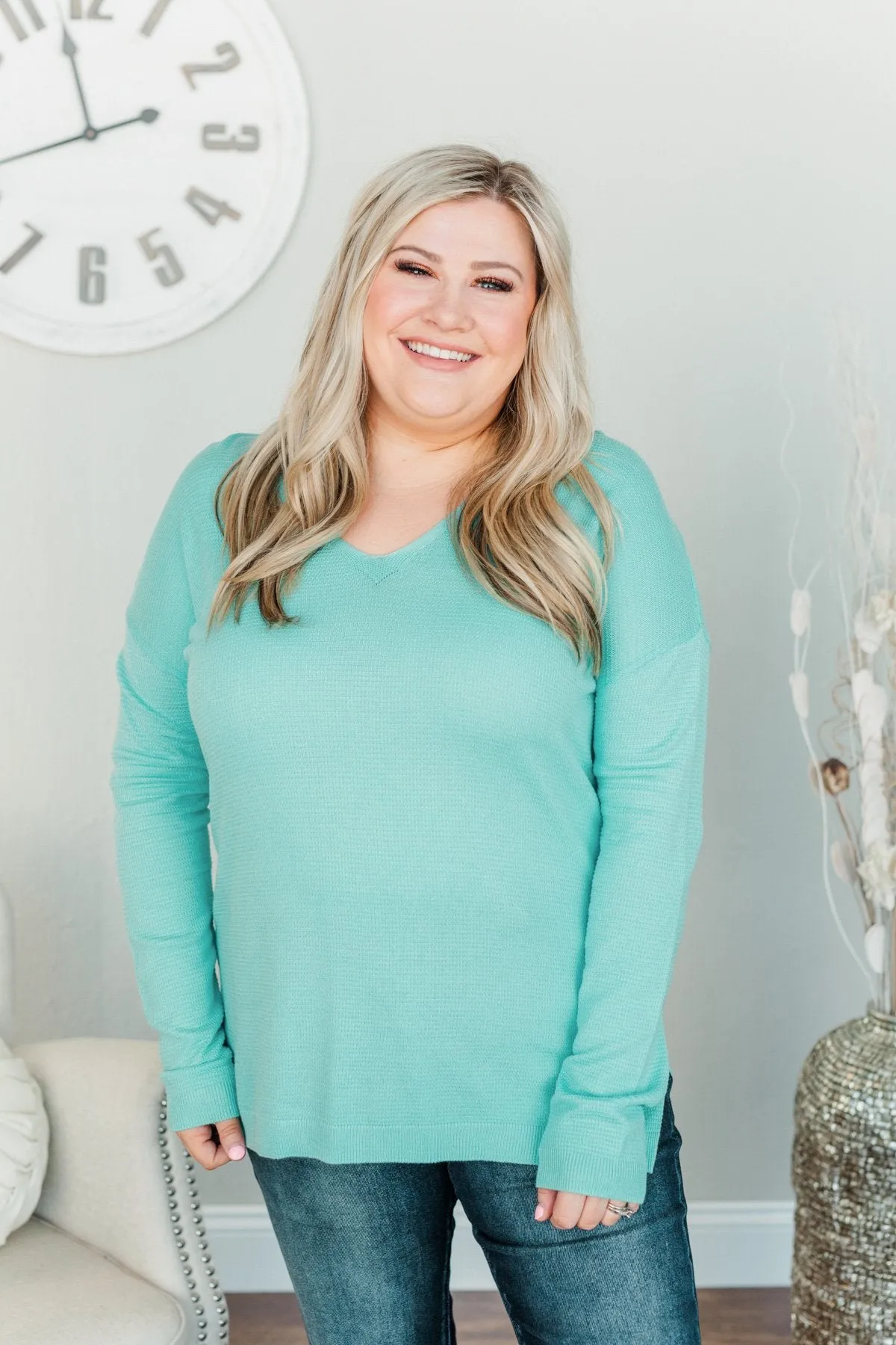 Life In Full Bloom V-Neck Knit Top- Aqua Blue