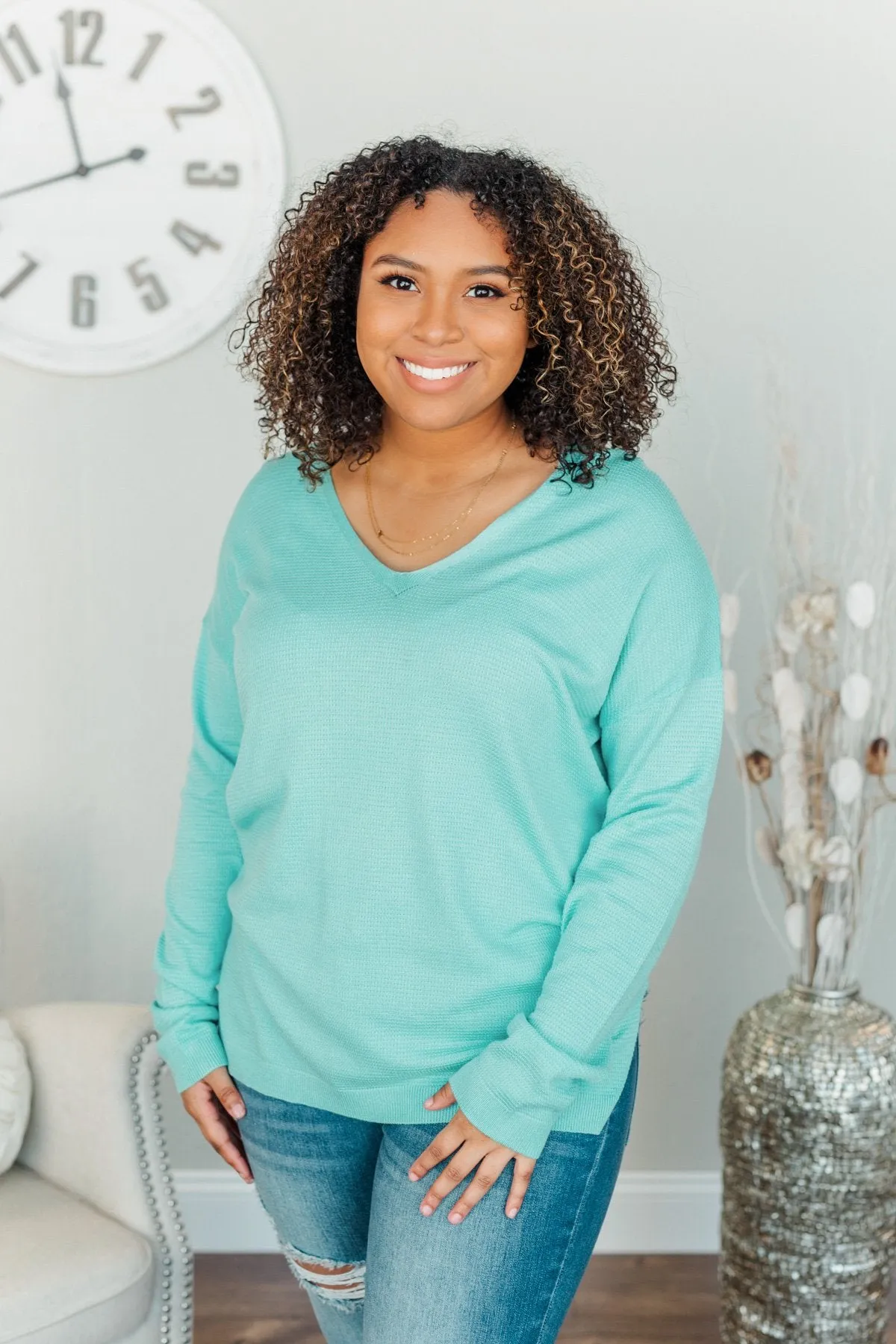 Life In Full Bloom V-Neck Knit Top- Aqua Blue