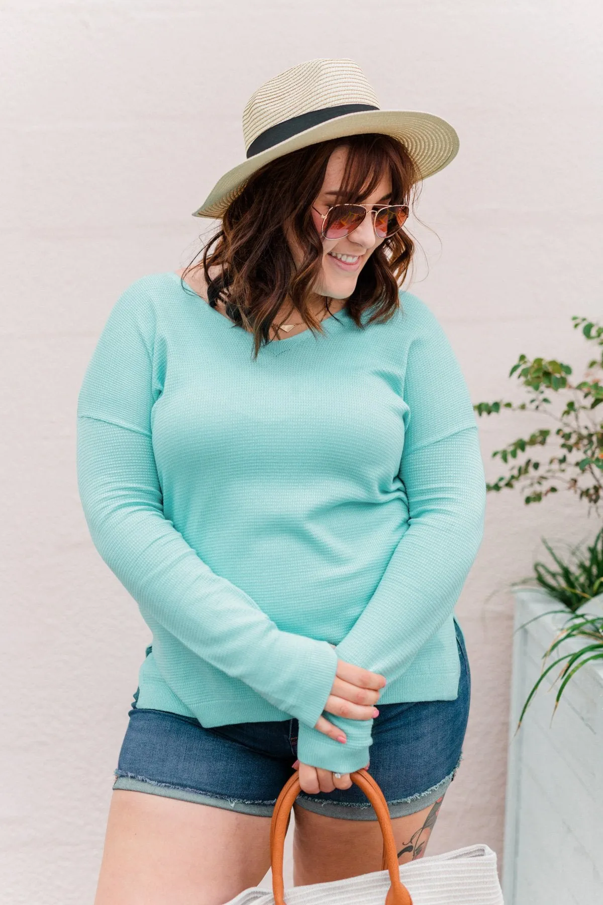 Life In Full Bloom V-Neck Knit Top- Aqua Blue