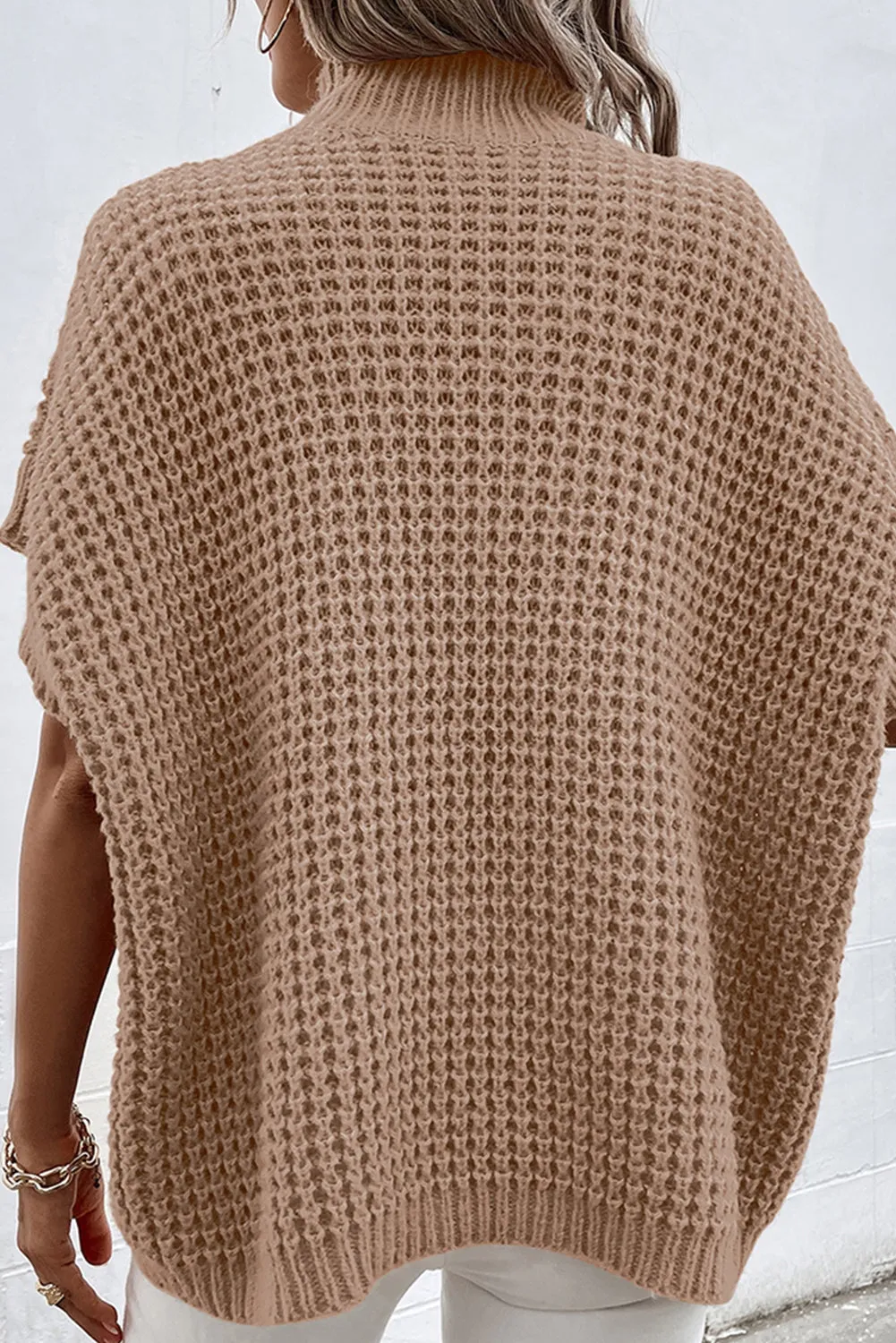 Light French Beige Textured Knit Ribbed Mock Neck Sweater