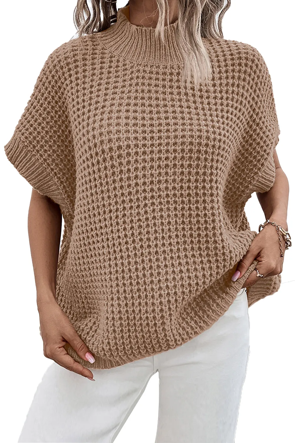 Light French Beige Textured Knit Ribbed Mock Neck Sweater