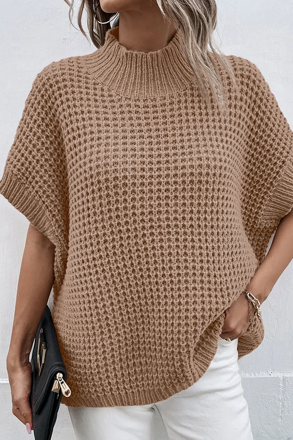 Light French Beige Textured Knit Ribbed Mock Neck Sweater