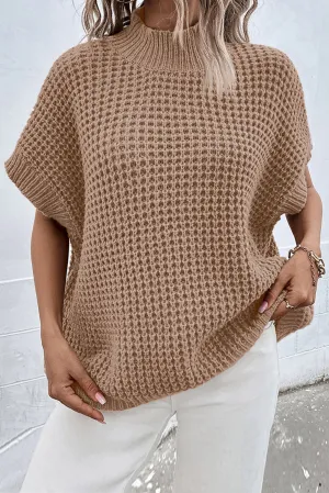 Light French Beige Textured Knit Ribbed Mock Neck Sweater