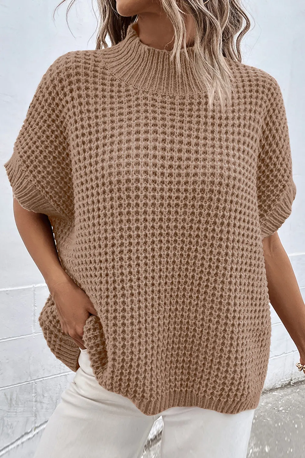 Light French Beige Textured Knit Ribbed Mock Neck Sweater