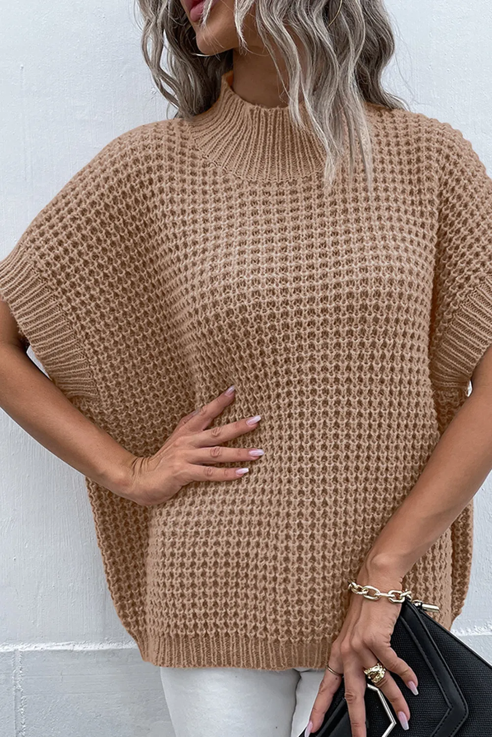 Light French Beige Textured Knit Ribbed Mock Neck Sweater