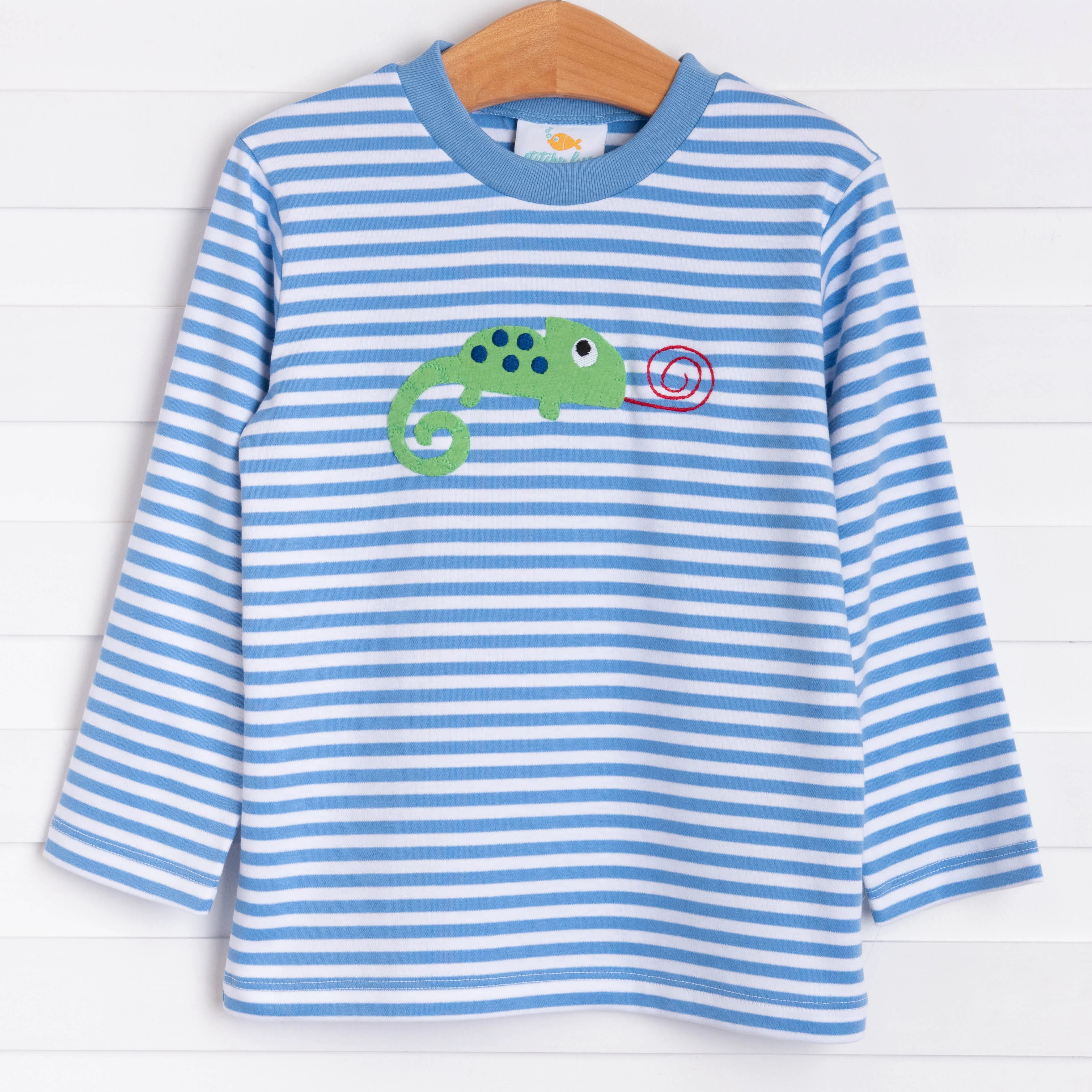 Little Chameleon Applique Shirt, Party Blue Stripe