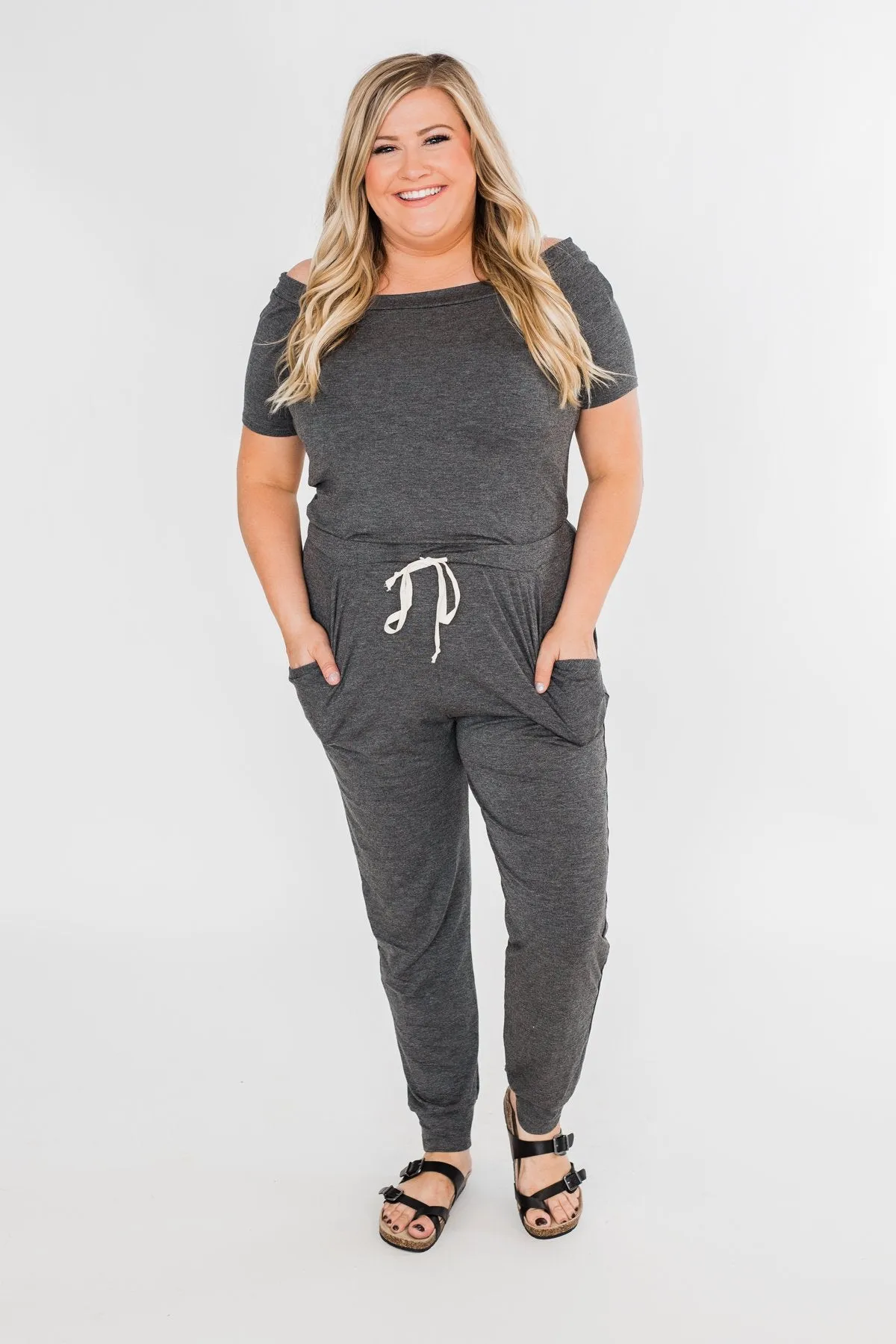 Living My Life Drawstring Jogger Jumpsuit- Charcoal