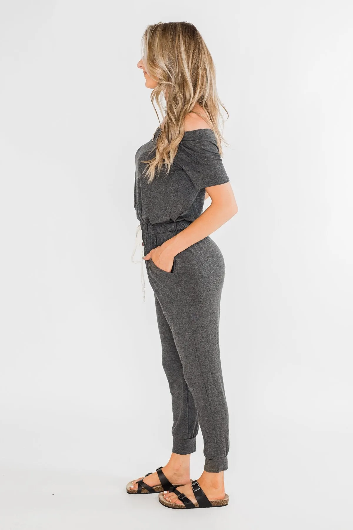 Living My Life Drawstring Jogger Jumpsuit- Charcoal