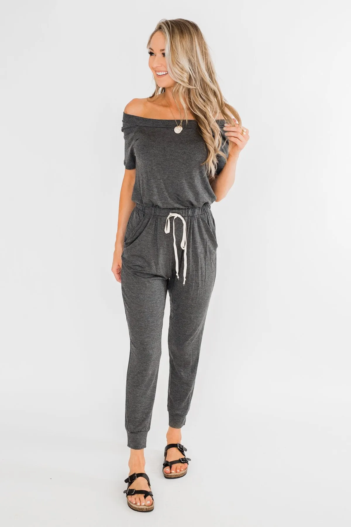 Living My Life Drawstring Jogger Jumpsuit- Charcoal