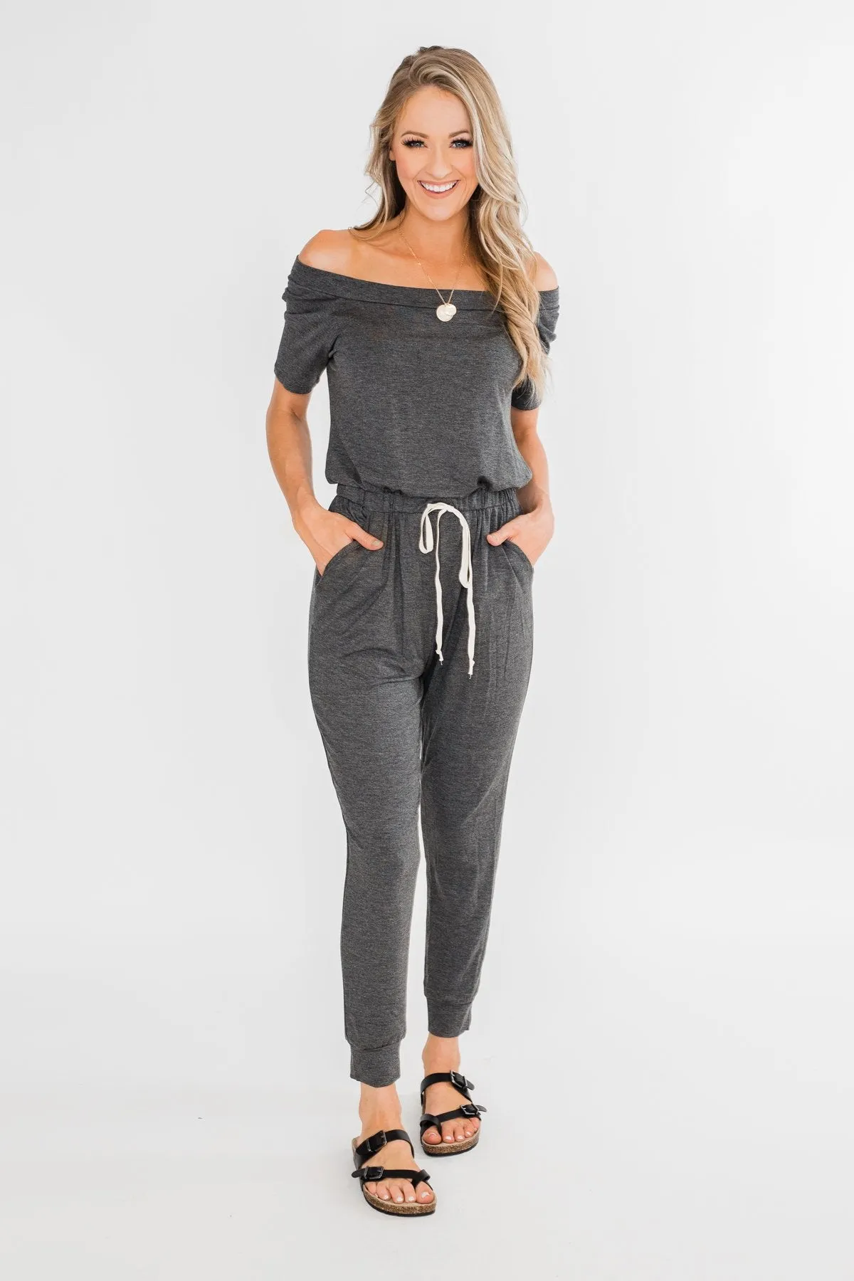 Living My Life Drawstring Jogger Jumpsuit- Charcoal