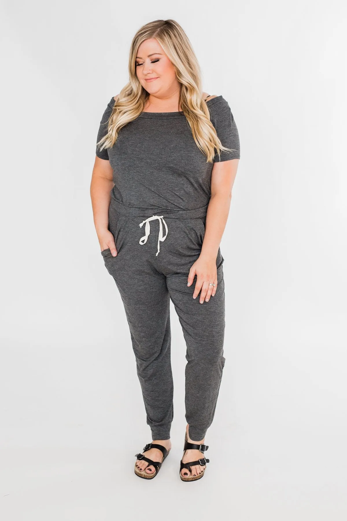 Living My Life Drawstring Jogger Jumpsuit- Charcoal