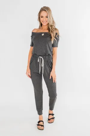 Living My Life Drawstring Jogger Jumpsuit- Charcoal