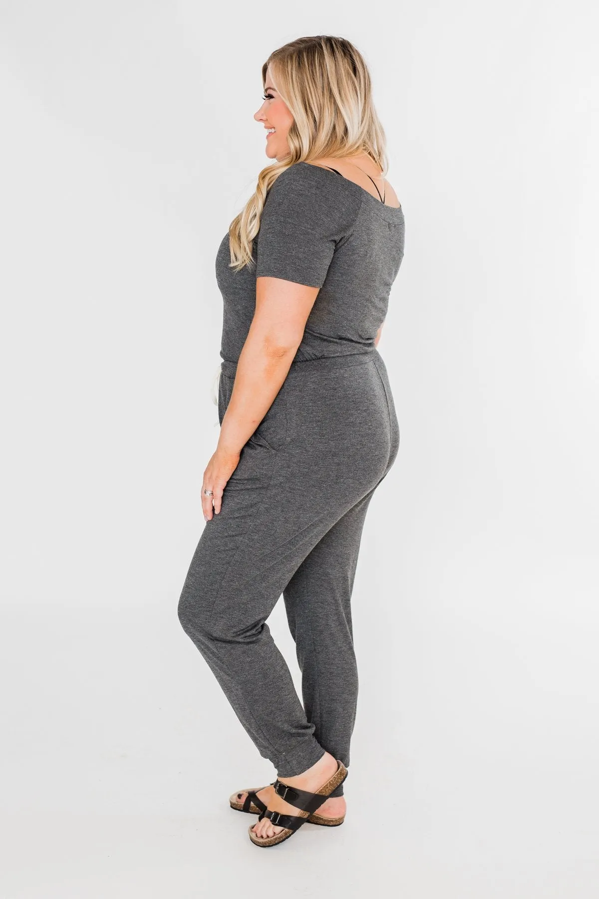 Living My Life Drawstring Jogger Jumpsuit- Charcoal