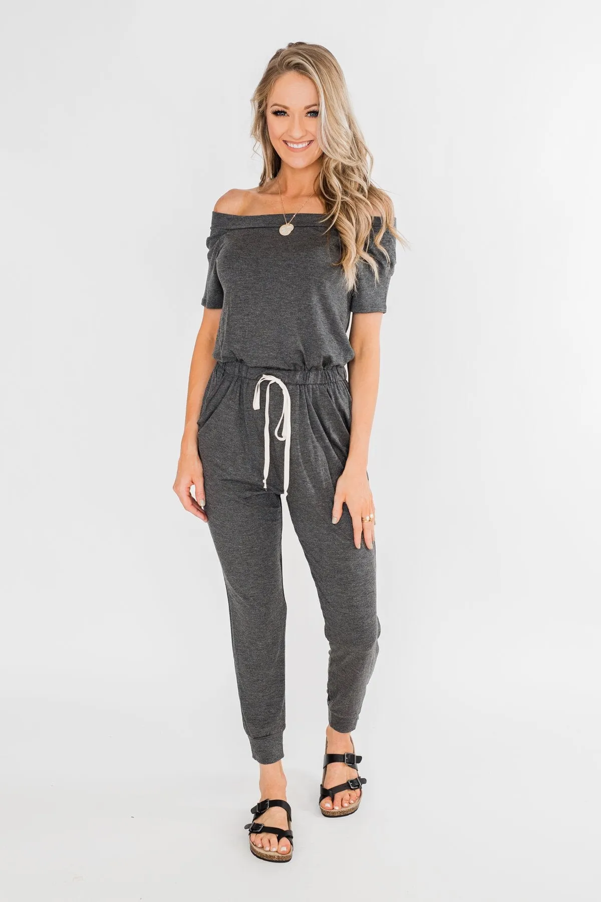 Living My Life Drawstring Jogger Jumpsuit- Charcoal