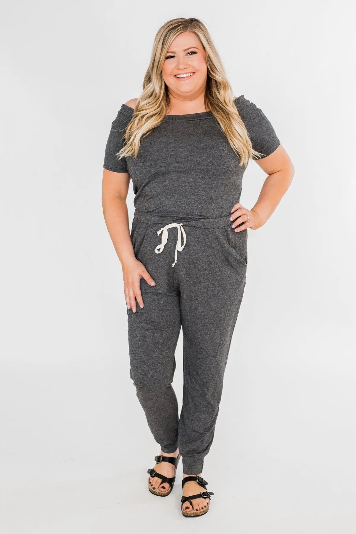 Living My Life Drawstring Jogger Jumpsuit- Charcoal