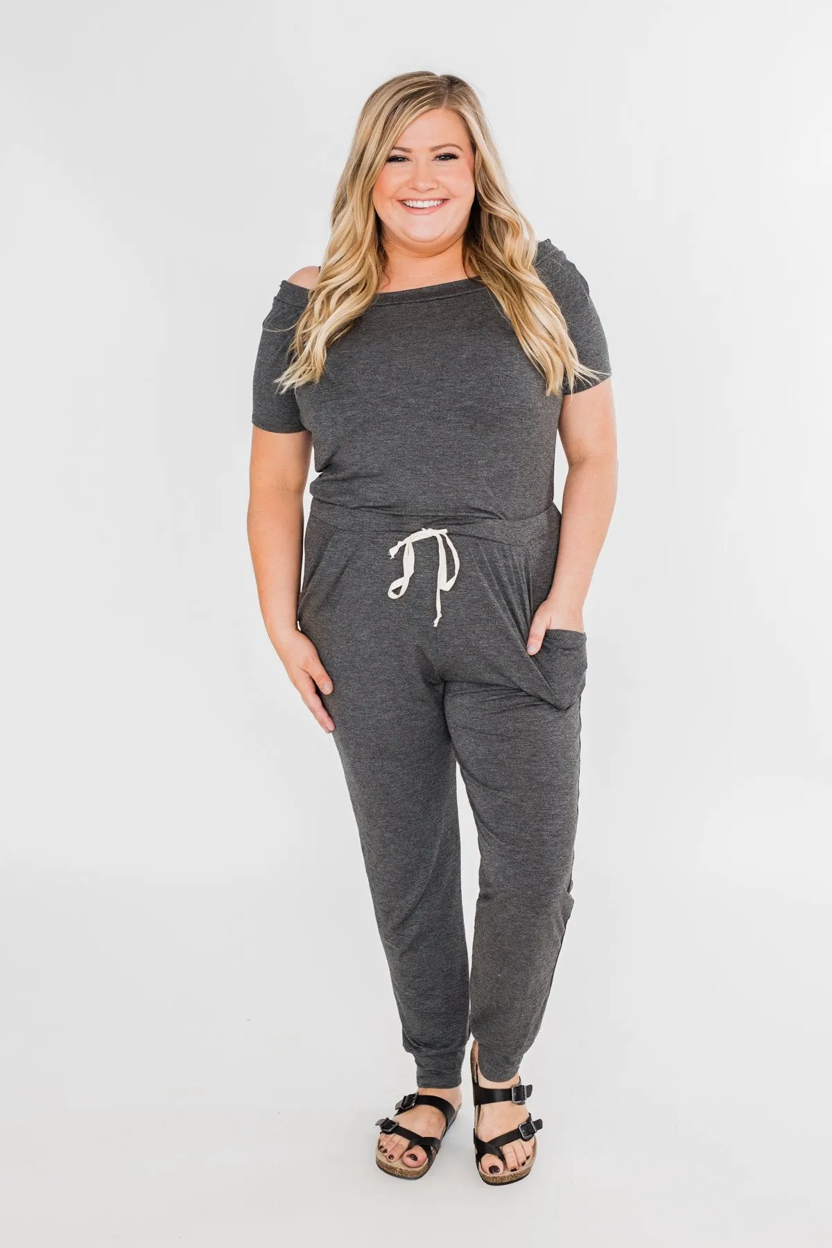 Living My Life Drawstring Jogger Jumpsuit- Charcoal