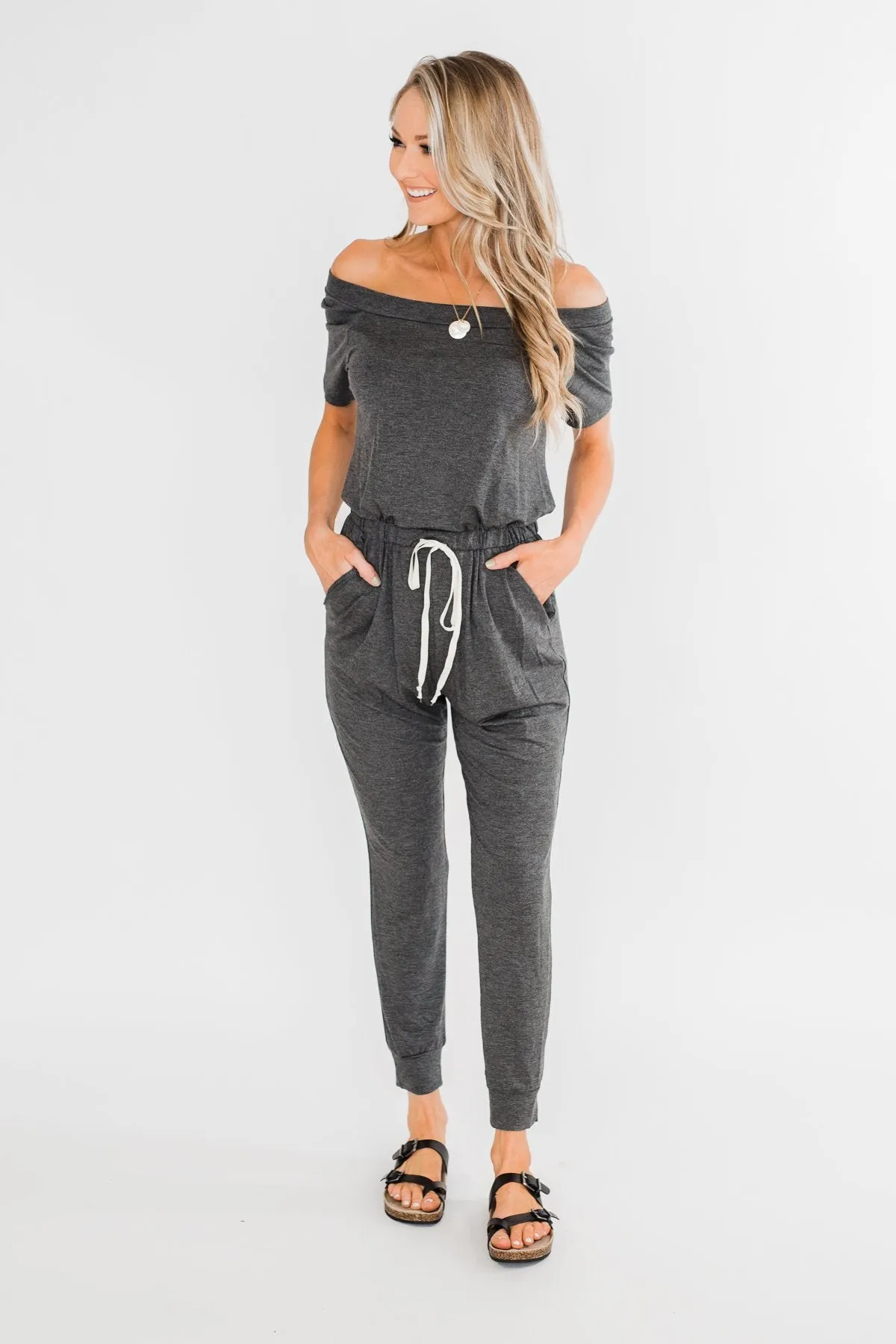 Living My Life Drawstring Jogger Jumpsuit- Charcoal