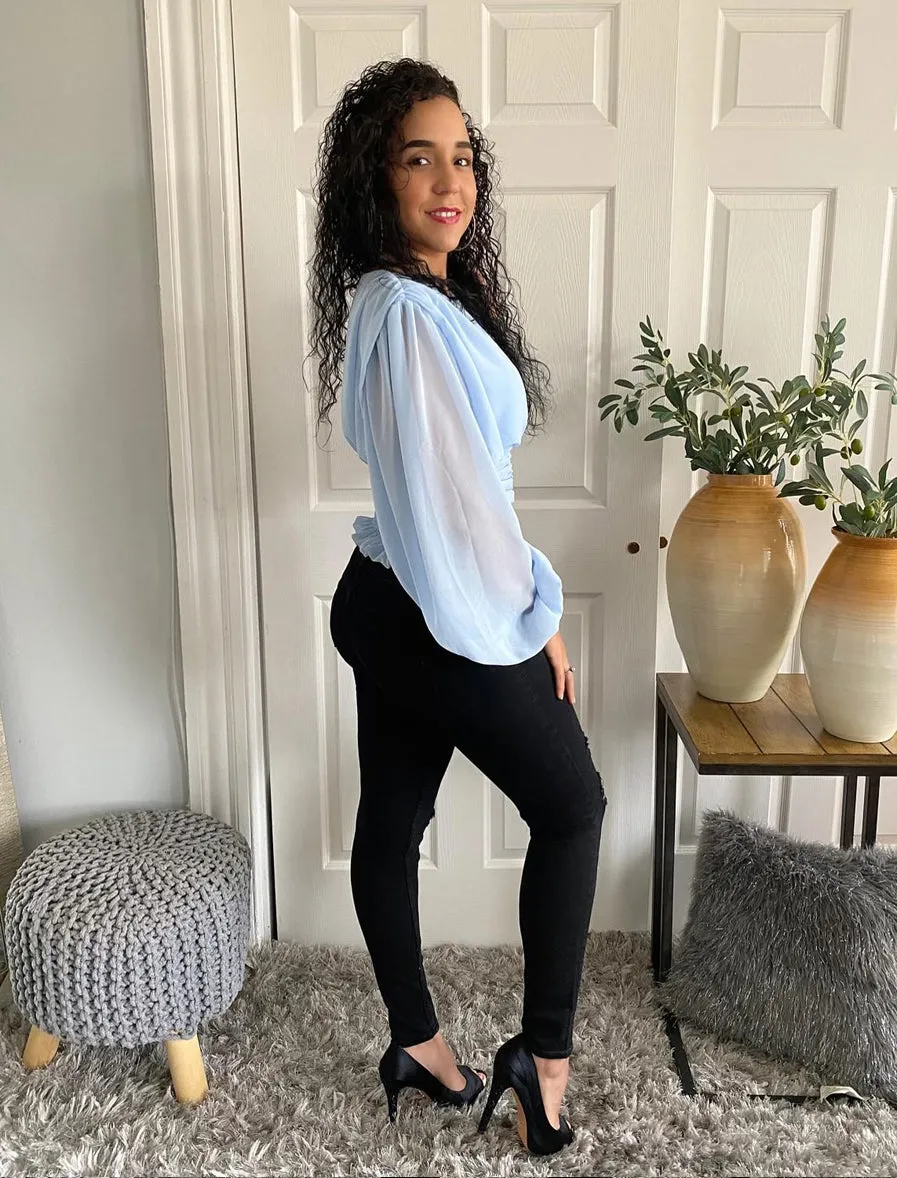 Long Sleeve Shirring Detail Wrap Front Top Deep