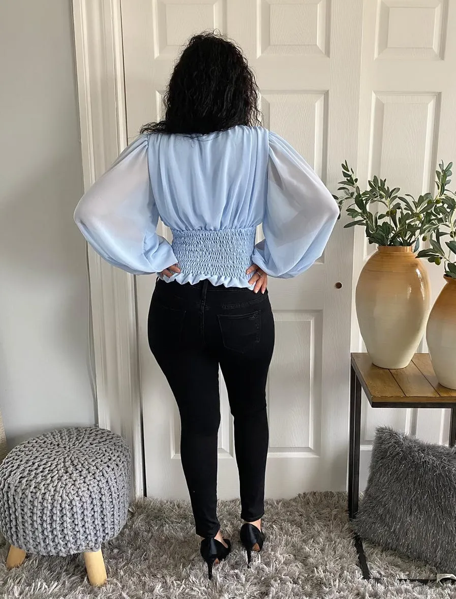 Long Sleeve Shirring Detail Wrap Front Top Deep