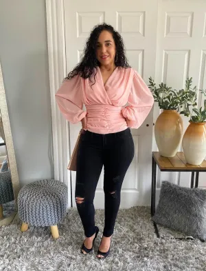 Long Sleeve Shirring Detail Wrap Front Top Deep