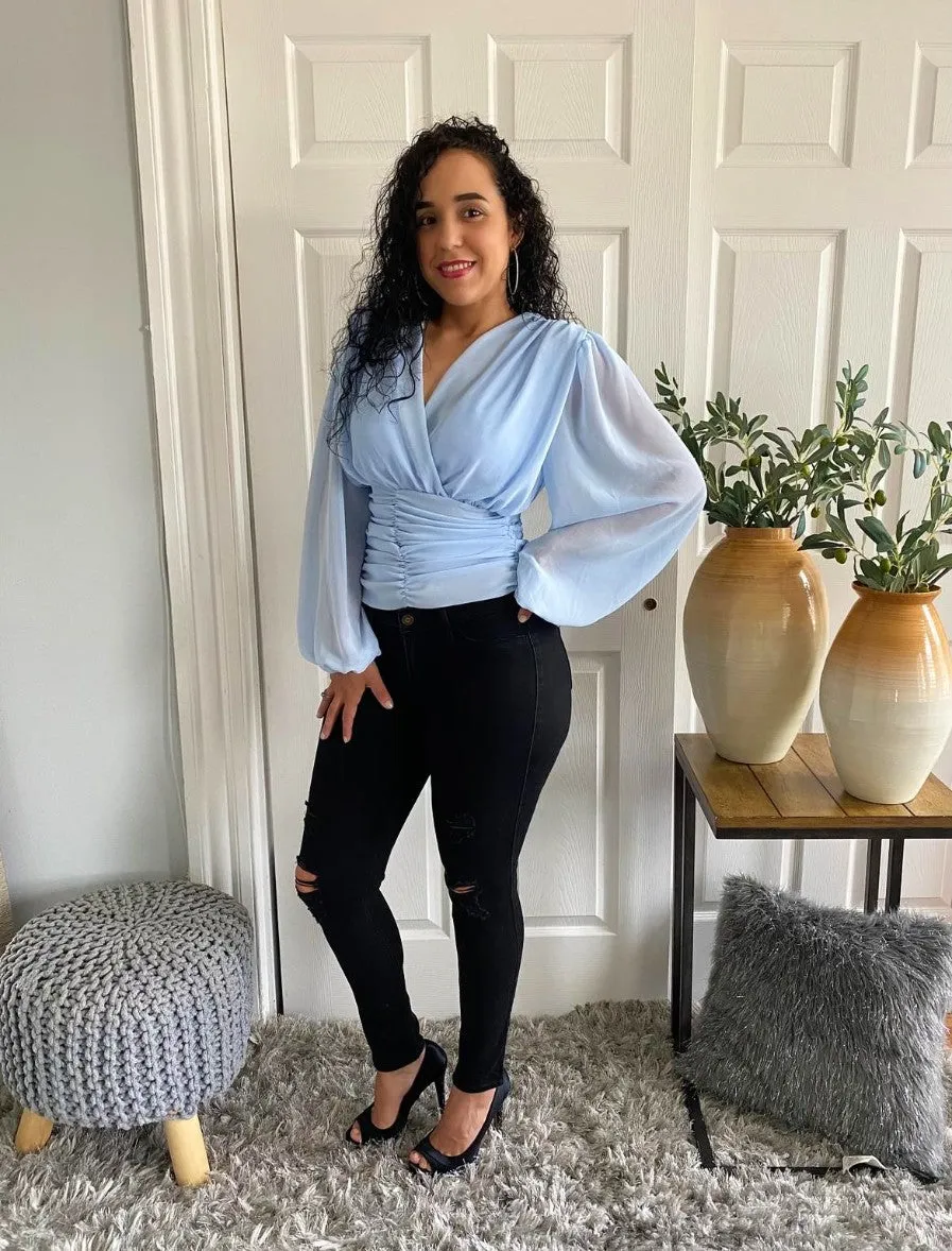 Long Sleeve Shirring Detail Wrap Front Top Deep