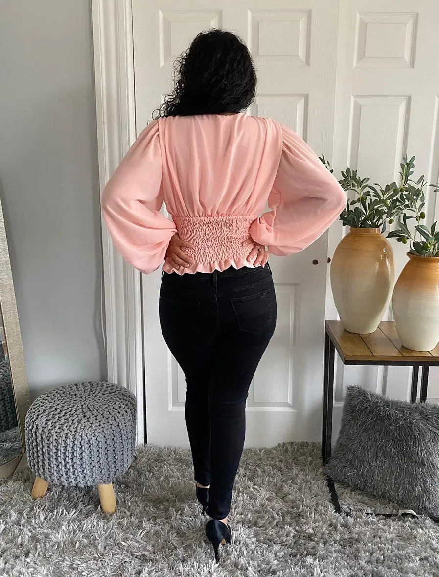 Long Sleeve Shirring Detail Wrap Front Top Deep