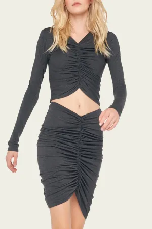 Long-Sleeve V-Neck Shirred Front Top in Dark Grey