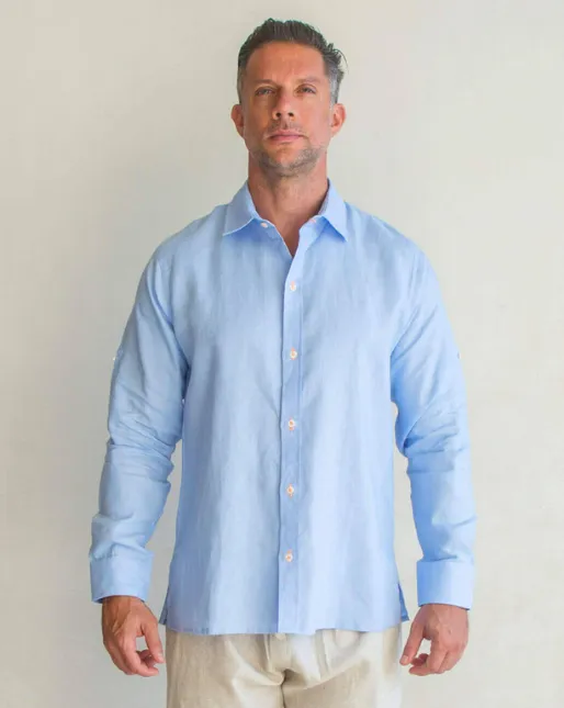 Mallorca Linen Shirt - Blue Sky/Neon Orange