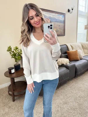 Marshmallow V Neck Pullover in Taupe & Cream