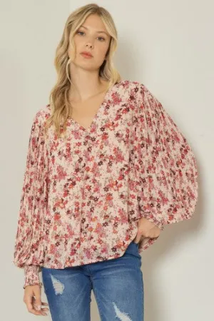 Mauve   Rust Multi Floral V Neck with Pleated Sleeve