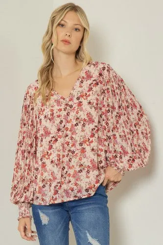 Mauve   Rust Multi Floral V Neck with Pleated Sleeve