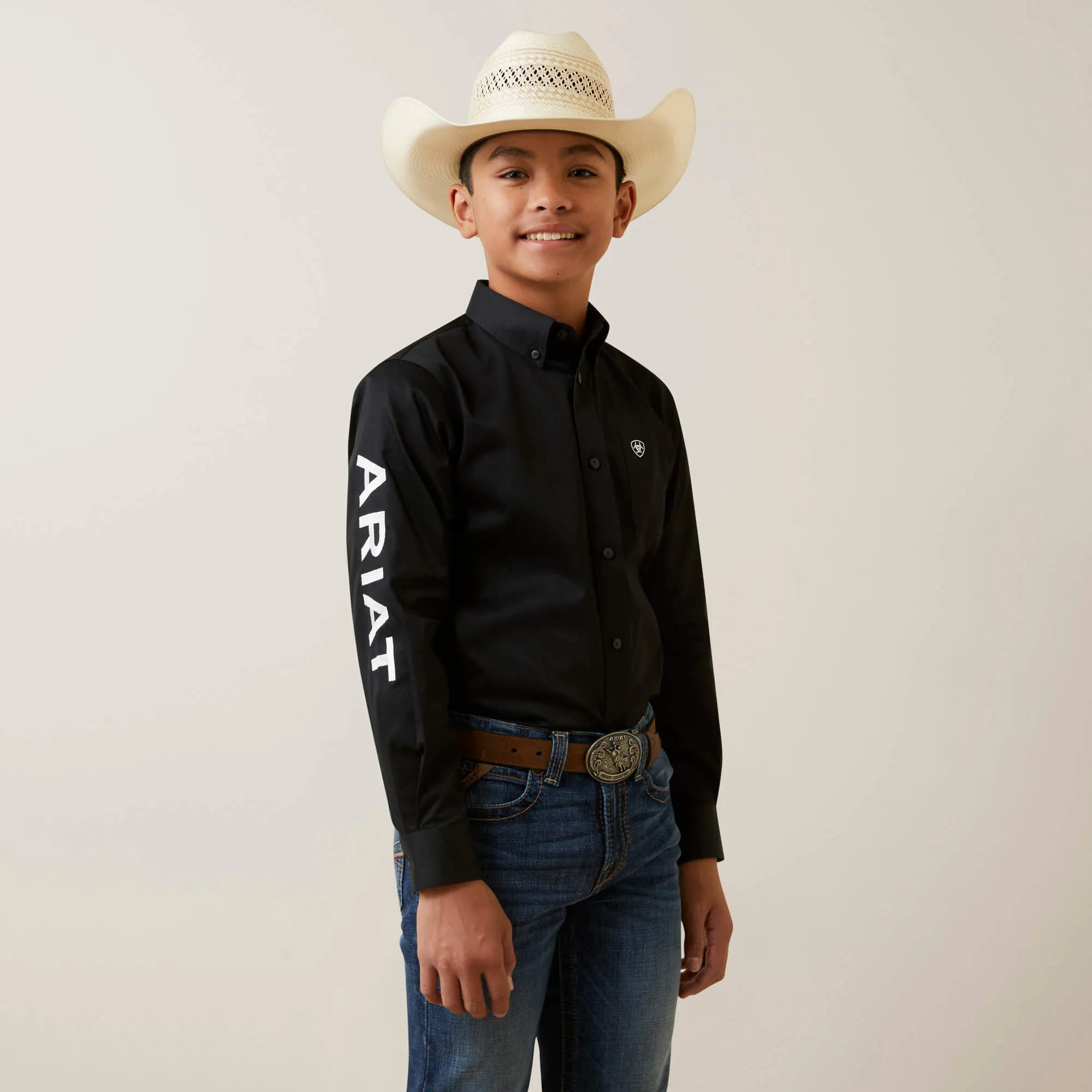 Men's Ariat Black Button-Down Team Shirt with White Logo