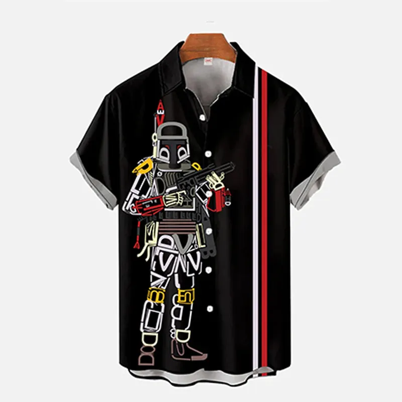 Men's Handsome Mecha Man Print Short-sleeved Shirt