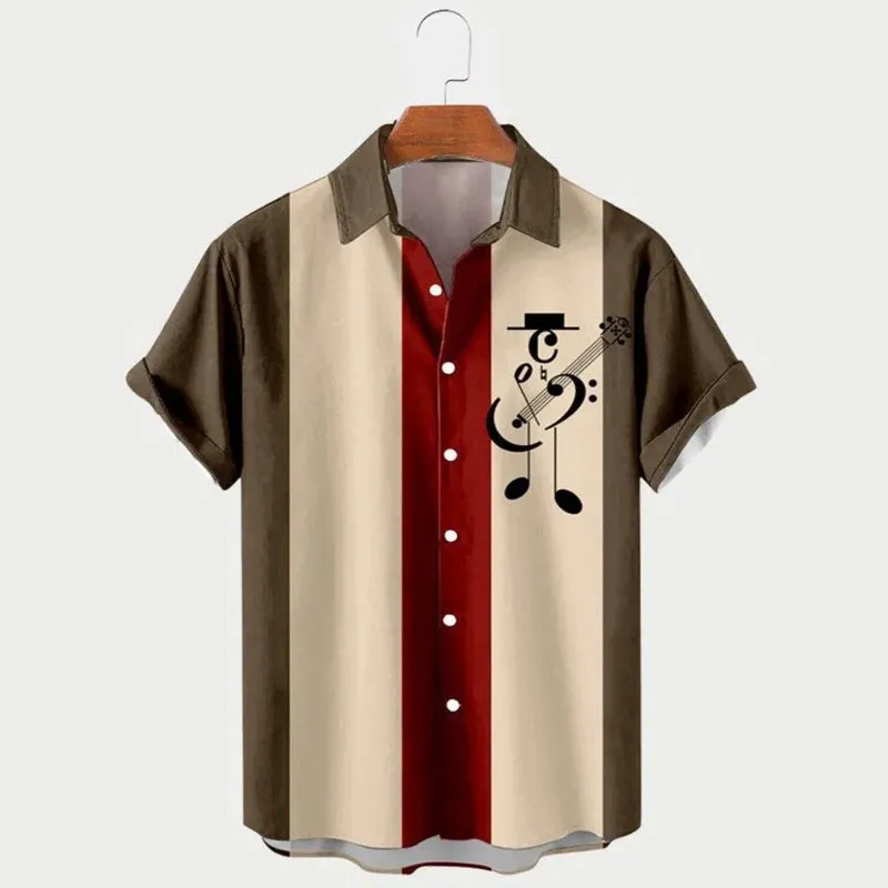Men's Music Note Stripe Print Short Sleeve Shirt