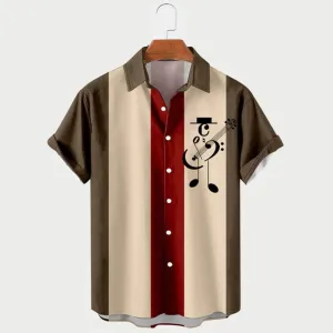 Men's Music Note Stripe Print Short Sleeve Shirt