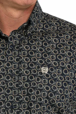 MENS NAVY ROPE PRINT LONG SLEEVE BUTTON SHIRT