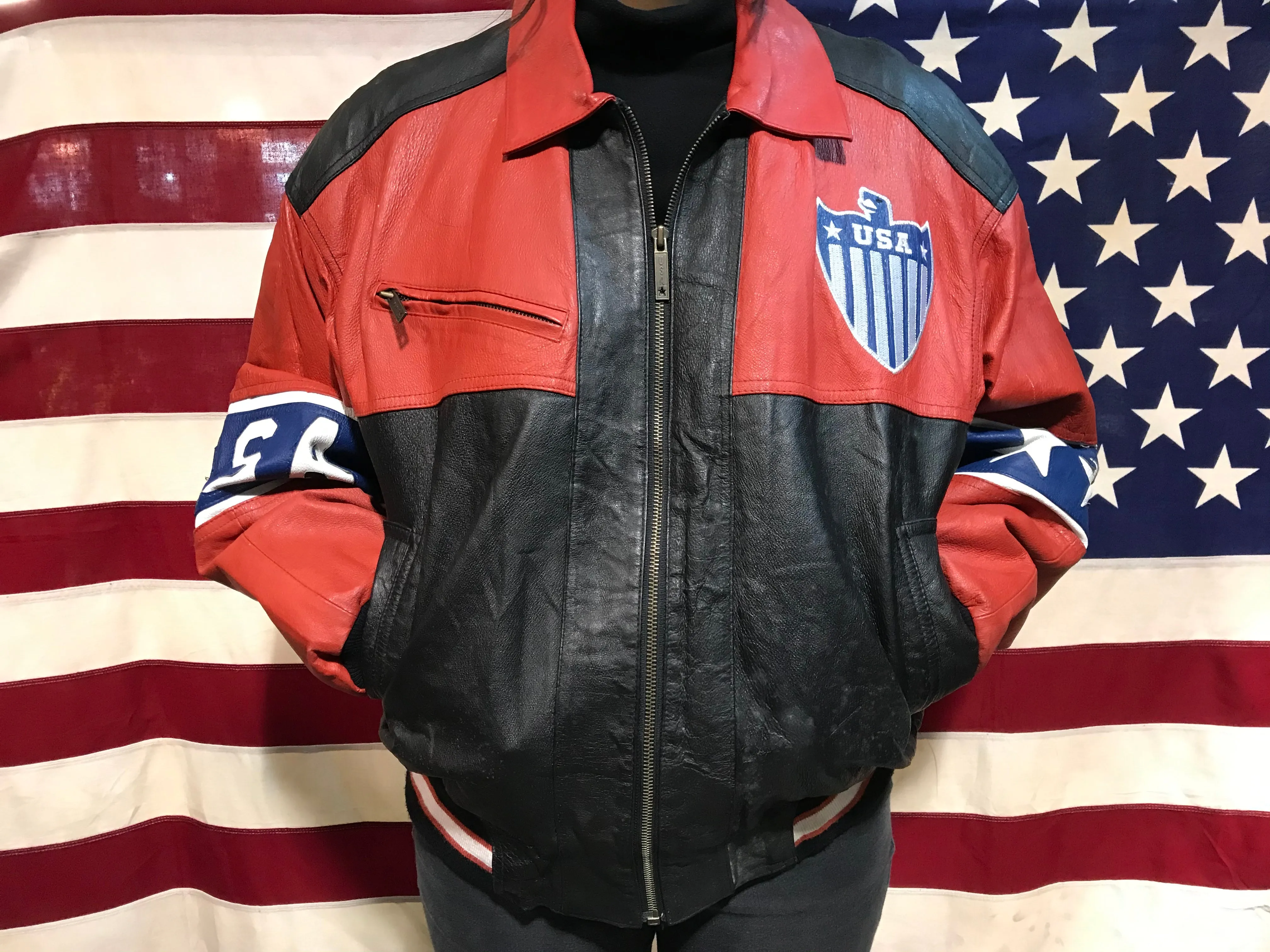 Michael Hoban WHERE MI 90’s Vintage Leather USA Flag Jacket